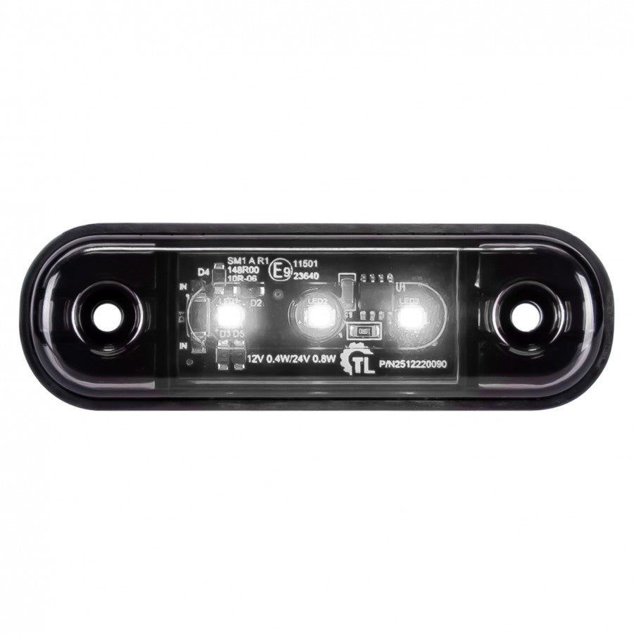 KAMAR 3LED priekšējais gabarītlukturis, 0,4/0,8W, 12/24V, IP67, tumšs tonēts korpuss, balta gaisma, 30cm kabelis, R10/R148, 2 gadu garantija
