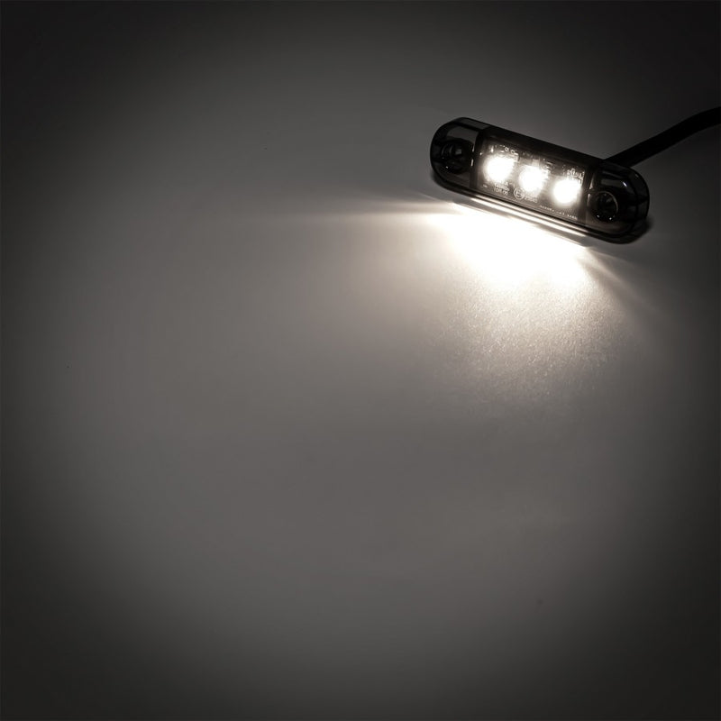KAMAR 3LED priekšējais gabarītlukturis, 0,4/0,8W, 12/24V, IP67, tumšs tonēts korpuss, balta gaisma, 30cm kabelis, R10/R148, 2 gadu garantija