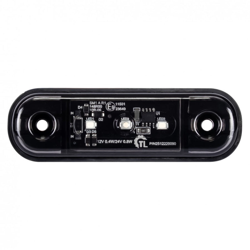 KAMAR 3LED priekšējais gabarītlukturis, 0,4/0,8W, 12/24V, IP67, tumšs tonēts korpuss, balta gaisma, 30cm kabelis, R10/R148, 2 gadu garantija