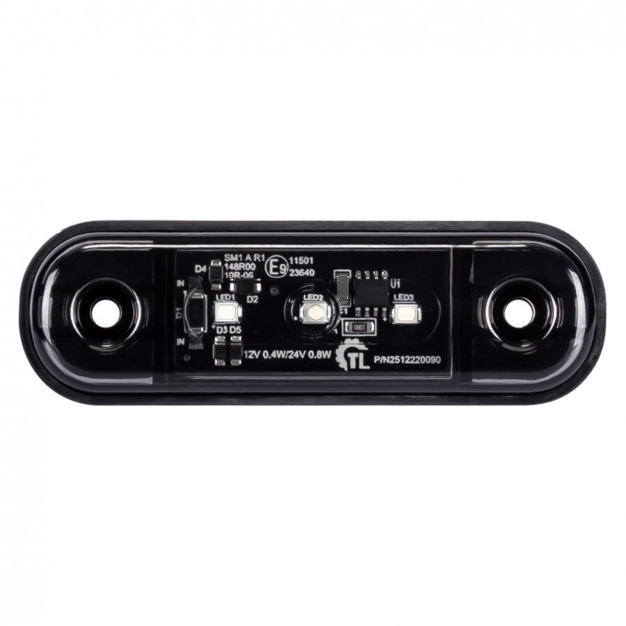 KAMAR 3LED priekšējais gabarītlukturis, 0,4/0,8W, 12/24V, IP67, tumšs tonēts korpuss, balta gaisma, 30cm kabelis, R10/R148, 2 gadu garantija