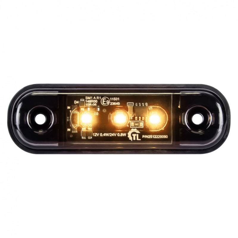 KAMAR L1318 3LED sānu gabarītlukturis, 0,4/0,8W, 12/24V, IP67, tumši tonēts korpuss, oranža gaisma, 30cm kabelis, R10/R148, 2 gadu garantija