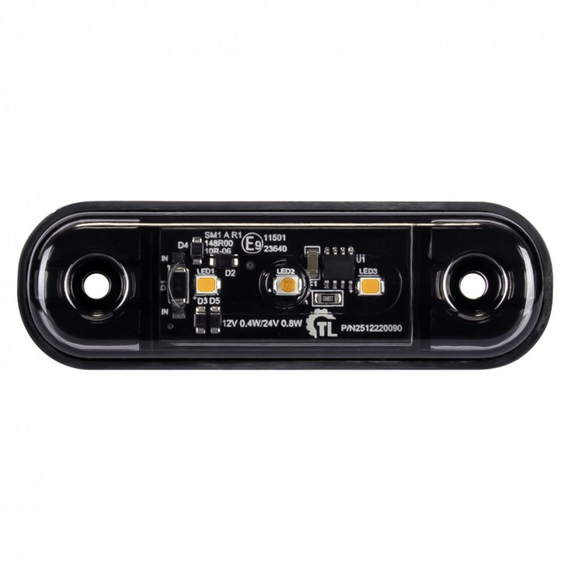 KAMAR L1318 3LED sānu gabarītlukturis, 0,4/0,8W, 12/24V, IP67, tumši tonēts korpuss, oranža gaisma, 30cm kabelis, R10/R148, 2 gadu garantija