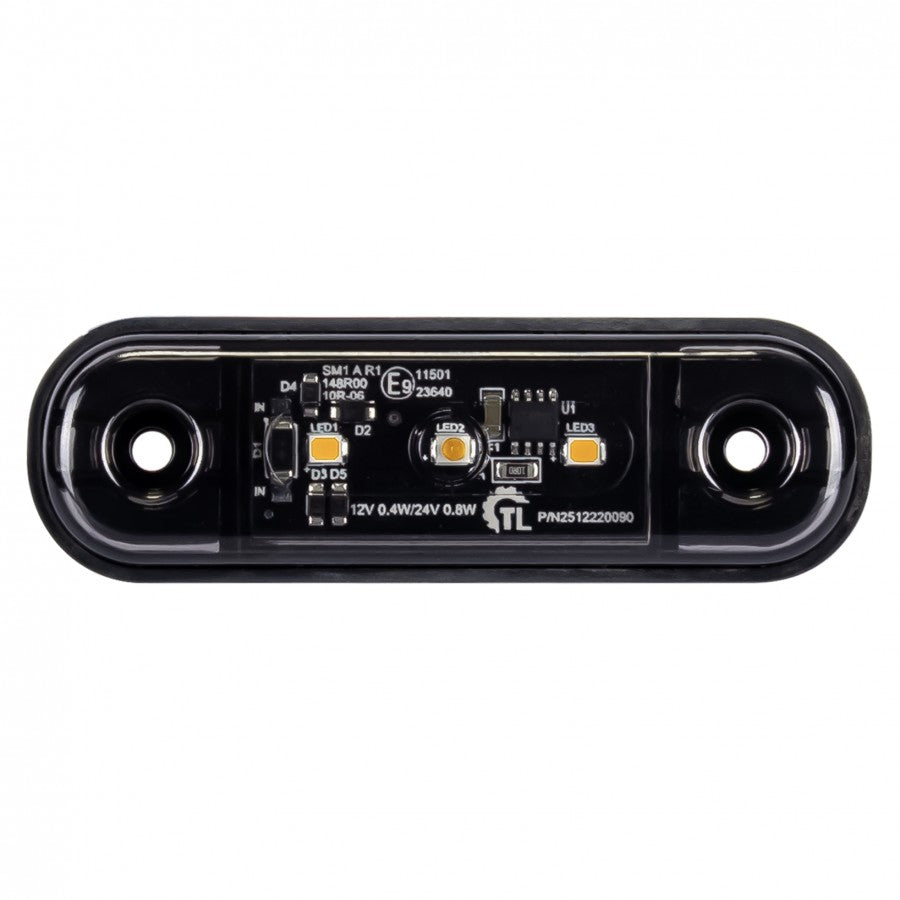 KAMAR L1318 3LED sānu gabarītlukturis, 0,4/0,8W, 12/24V, IP67, tumši tonēts korpuss, oranža gaisma, 30cm kabelis, R10/R148, 2 gadu garantija