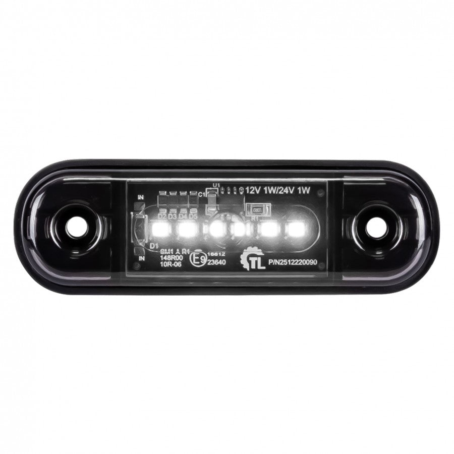 KAMAR L1320 6LED priekšējais gabarītlukturis, 1W, 12/24V, IP67, tumši tonēta lēca, balta gaisma, PC polikarbonāts, 30cm kabelis, R10/R148, 2 gadu garantija