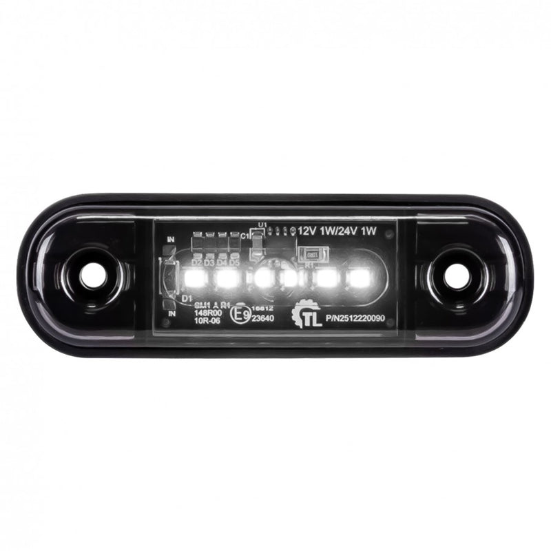 KAMAR L1320 6LED priekšējais gabarītlukturis, 1W, 12/24V, IP67, tumši tonēta lēca, balta gaisma, PC polikarbonāts, 30cm kabelis, R10/R148, 2 gadu garantija
