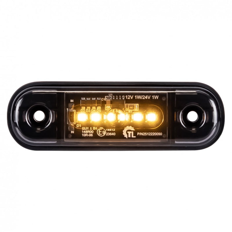 KAMAR L1321 6LED sānu gabarītlukturis, 1W, 12/24V, IP67, tumši tonēta lēca, oranža gaisma, PC polikarbonāts, 30cm kabelis, R10/R148, 2 gadu garantija