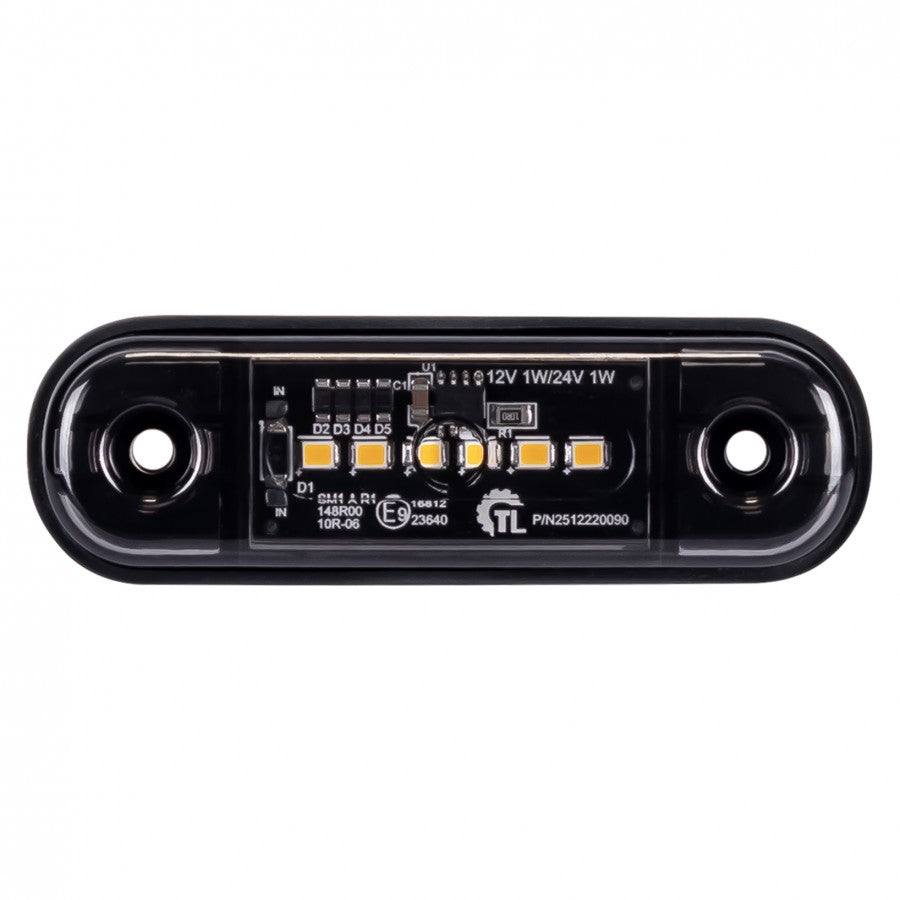 KAMAR L1321 6LED sānu gabarītlukturis, 1W, 12/24V, IP67, tumši tonēta lēca, oranža gaisma, PC polikarbonāts, 30cm kabelis, R10/R148, 2 gadu garantija