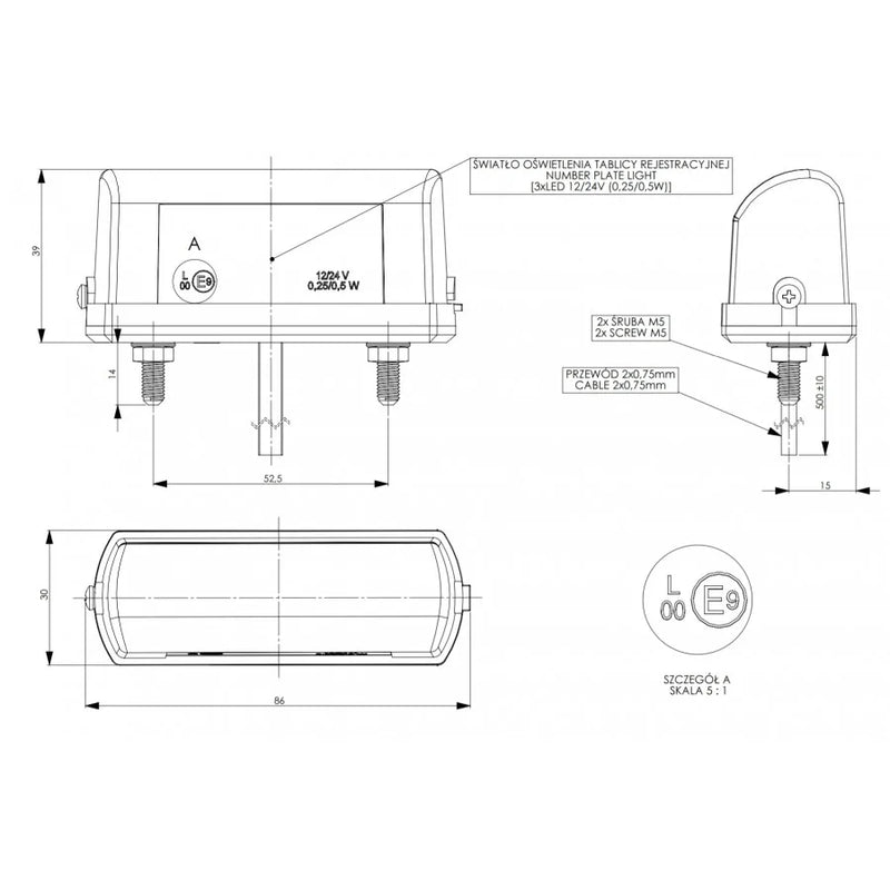 HORPOL LTD 665 LED numura zīmes apgaismojuma lukturis, 3LED, 0,25/0,5W, 12/24V, 93x38,7x30mm, universāls stiprinājums, 50cm kabelis, 2 gadu garantija