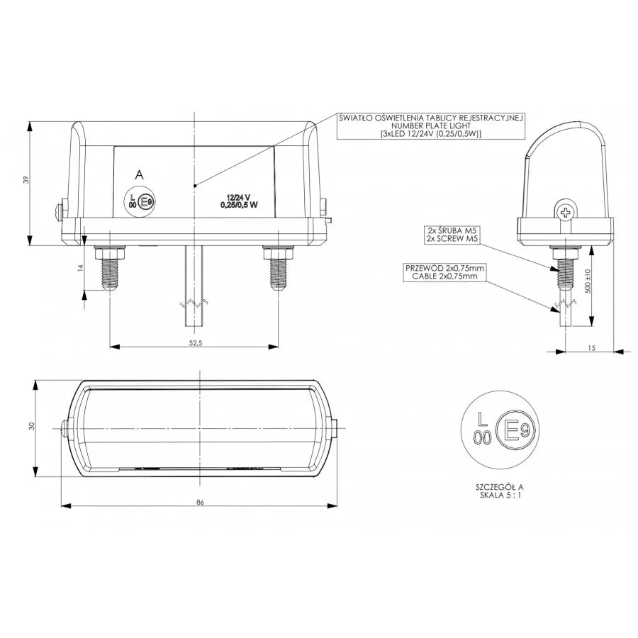 HORPOL LTD 665 LED numura zīmes apgaismojuma lukturis, 3LED, 0,25/0,5W, 12/24V, 93x38,7x30mm, universāls stiprinājums, 50cm kabelis, 2 gadu garantija