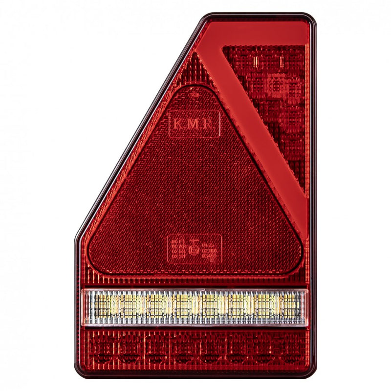 KAMAR L1907 LED aizmugurējais kombinētais lukturis, kreisais, 45LED, 12/24V, 5 gaismas funkcijas ar trijstūra atstarotāju, IP67, 218x145x35mm, 30cm kabelis, ECE homologācija, 2 gadu garantija