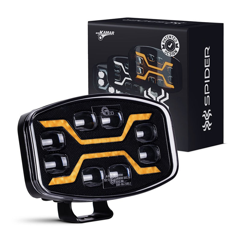 54W LED tālās gaismas lukturis KAMAR X-SPIDER L3436 ar baltu pozīcijas gaismu un dzintarkrāsas stroboskopu, 72 LED, 12/24V, IP6K9K, 245x159x90,65mm, 2 gadu garantija