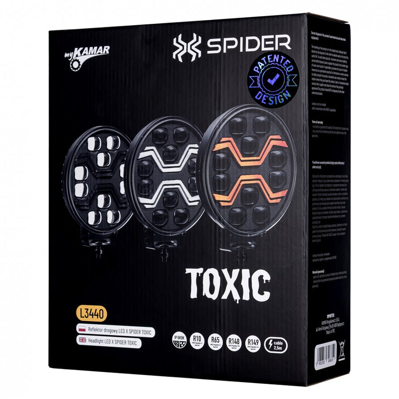 KAMAR X-SPIDER TOXIC L3440 LED tālās gaismas lukturis ar balto pozīcijas un oranžo brīdinājuma gaismu, 80/3/14W, 12/24V, 10+42LED, IP6K9K/IP6K8, 2,5m kabelis, ECE R10/R65/R148/R149, 2 gadu garantija