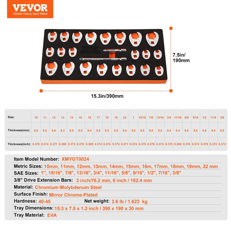 VEVOR atvērtā tipa uzgaļu atslēgu komplekts, kvadrāts 9,5 mm, ar 2 pagarinātājiem, 24 gabali, izmēri 10–25 mm, izgatavots no Cr-Mo tērauda, ar EVA rīku organizētāju