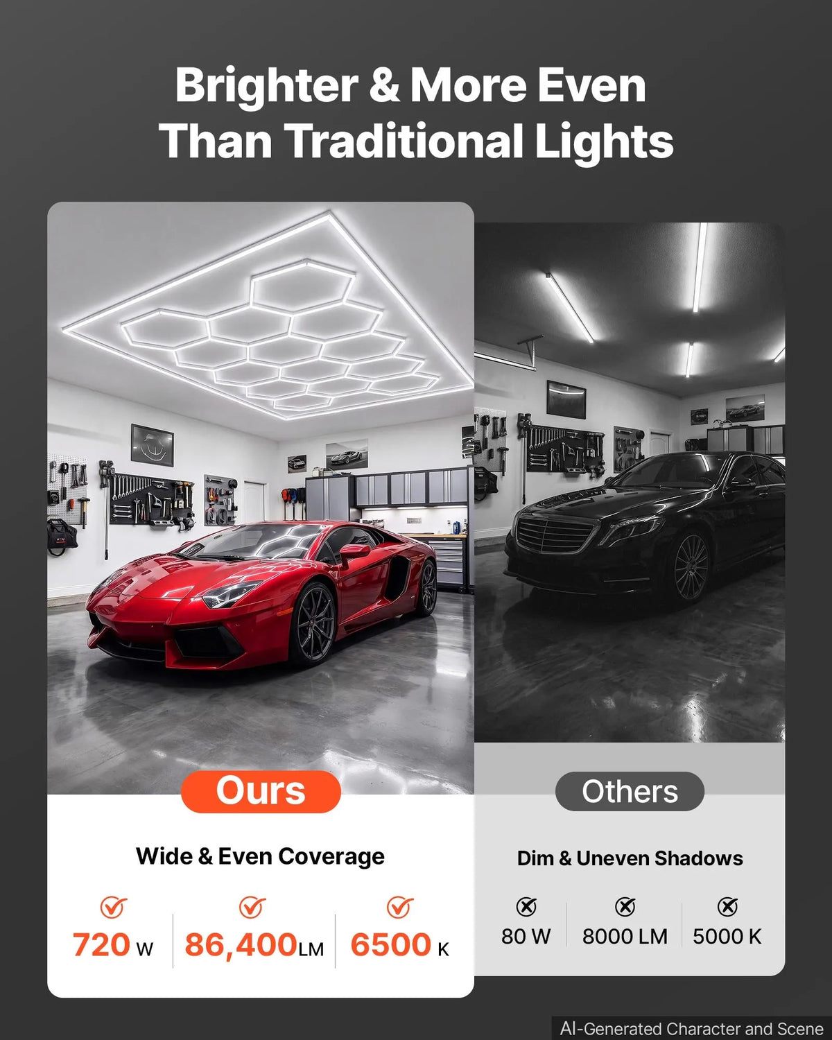 VEVOR sešstūru LED garāžas gaismeklis 720W, 86400lm, 6500K, 14 sekcijas