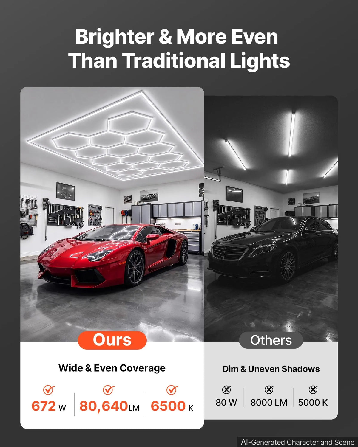 VEVOR sešstūru LED garāžas gaismeklis 672W, 80640lm, 6500K, 14 sekcijas