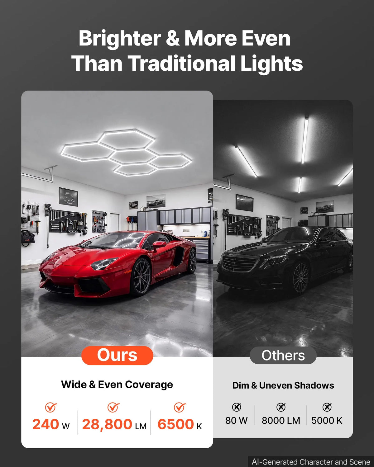 VEVOR sešstūru LED garāžas gaismeklis 240W, 28800lm, 6500K, 5 sekcijas