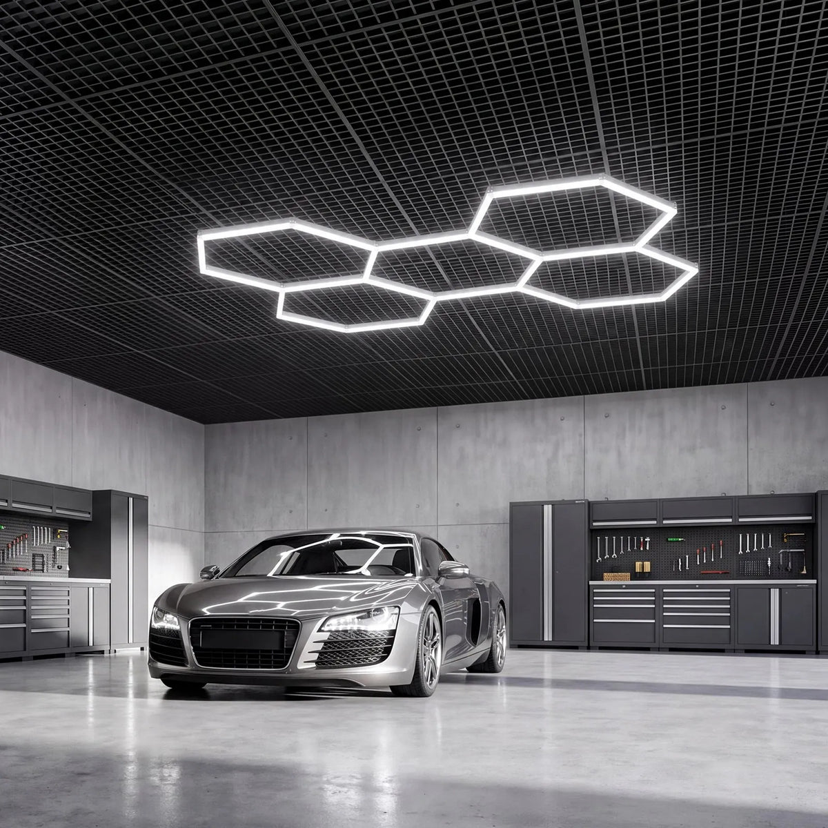 VEVOR sešstūru LED garāžas gaismeklis 240W, 28800lm, 6500K, 5 sekcijas
