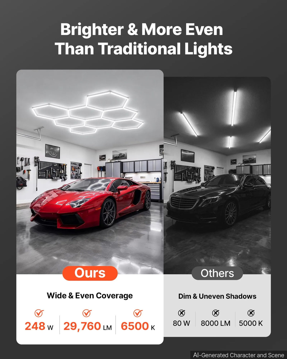 VEVOR sešstūru LED garāžas gaismeklis 248W, 29760lm, 6500K, 8 sekcijas