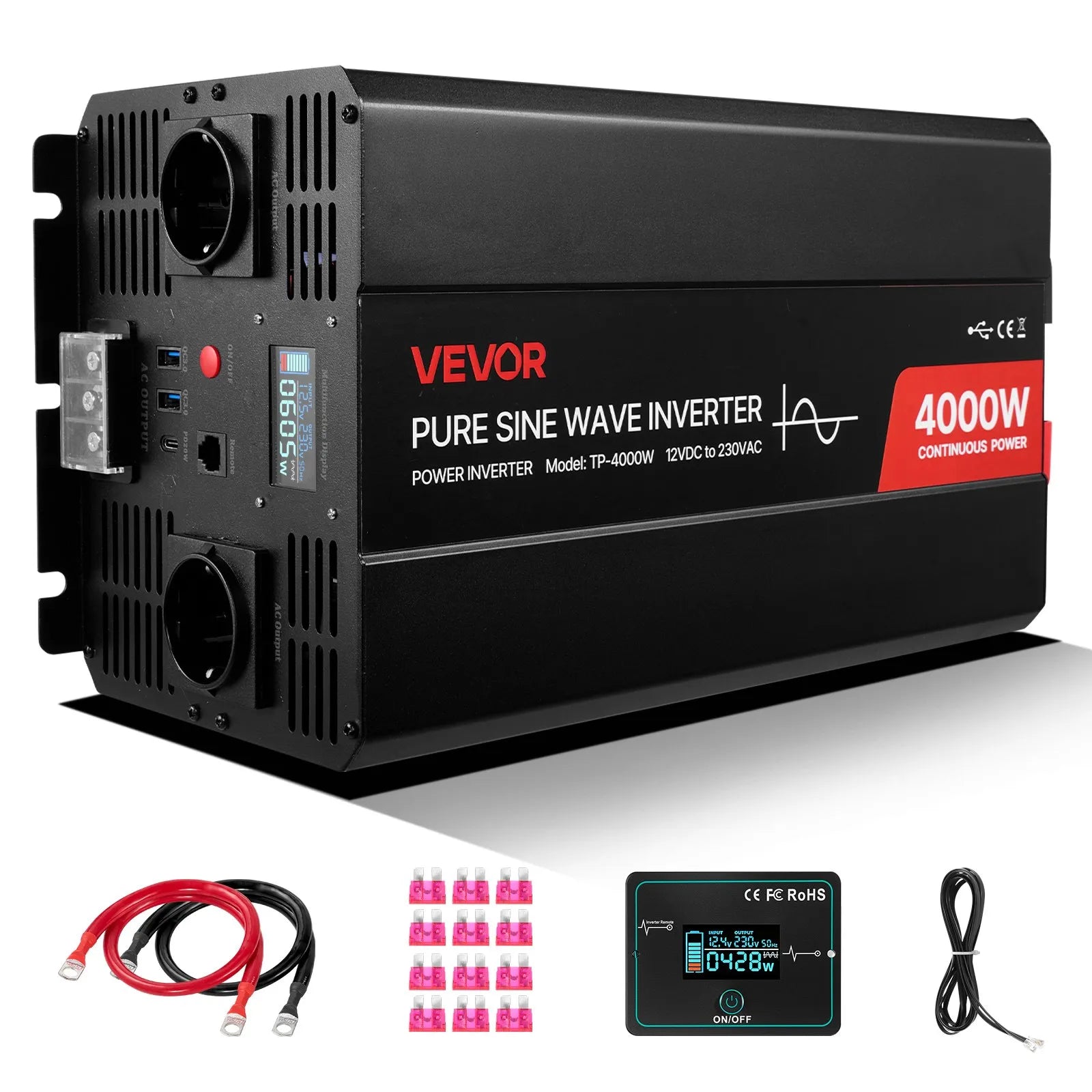 VEVOR 4000 W tīras sinusoidālās strāvas invertors 12 V DC–230 V AC ar LCD displeju un tālvadību, 2 USB, 2 AC un Type-C porti, piemērots kemperiem, kravas auto un lietošanai ārpus telpām