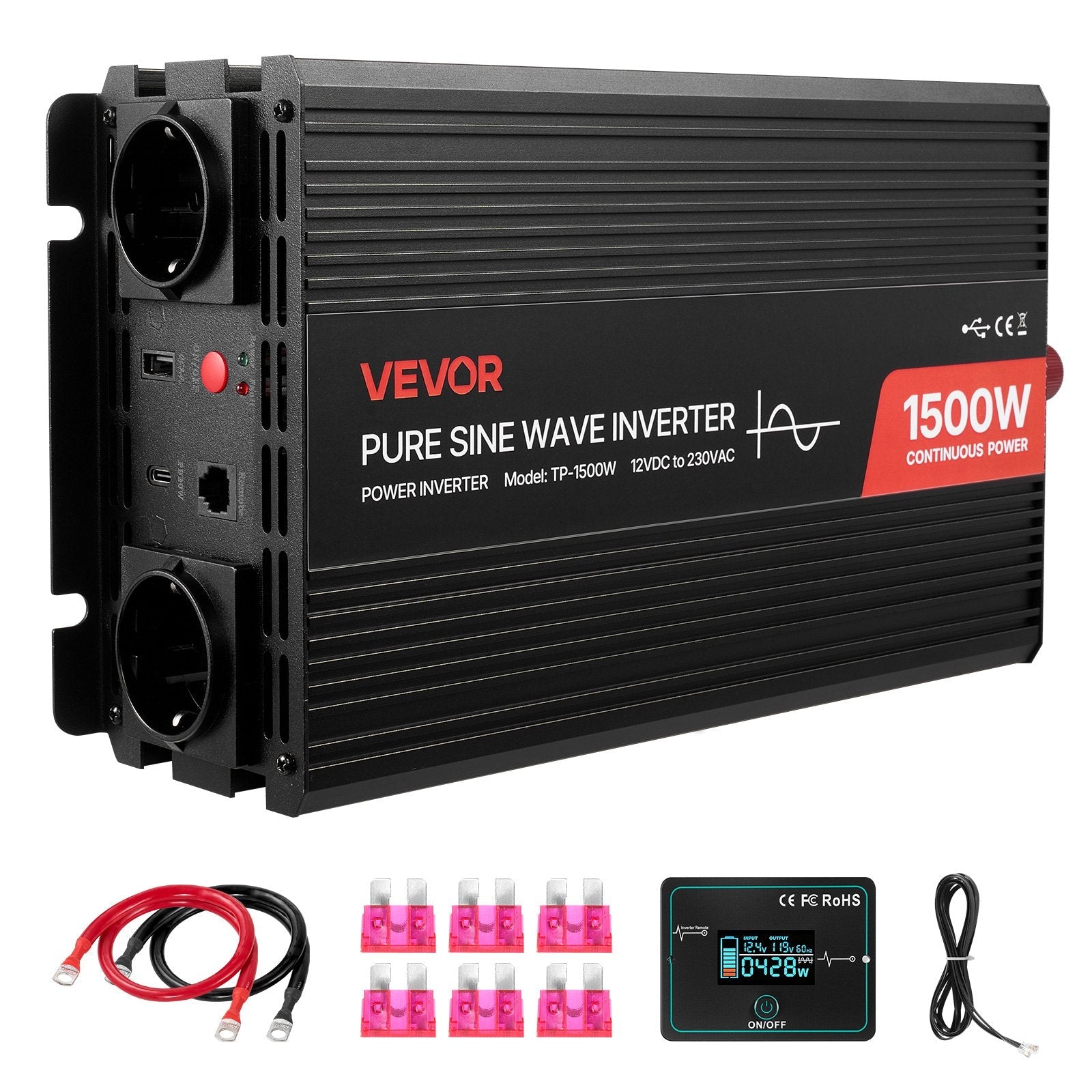 VEVOR 1500 W tīras sinusoidālās strāvas invertors 12 V DC–230 V AC ar tālvadību, USB un Type-C portiem, 2 AC kontaktligzdas, ātrā uzlāde, piemērots kemperiem, kravas auto un kempingam ārpus telpām