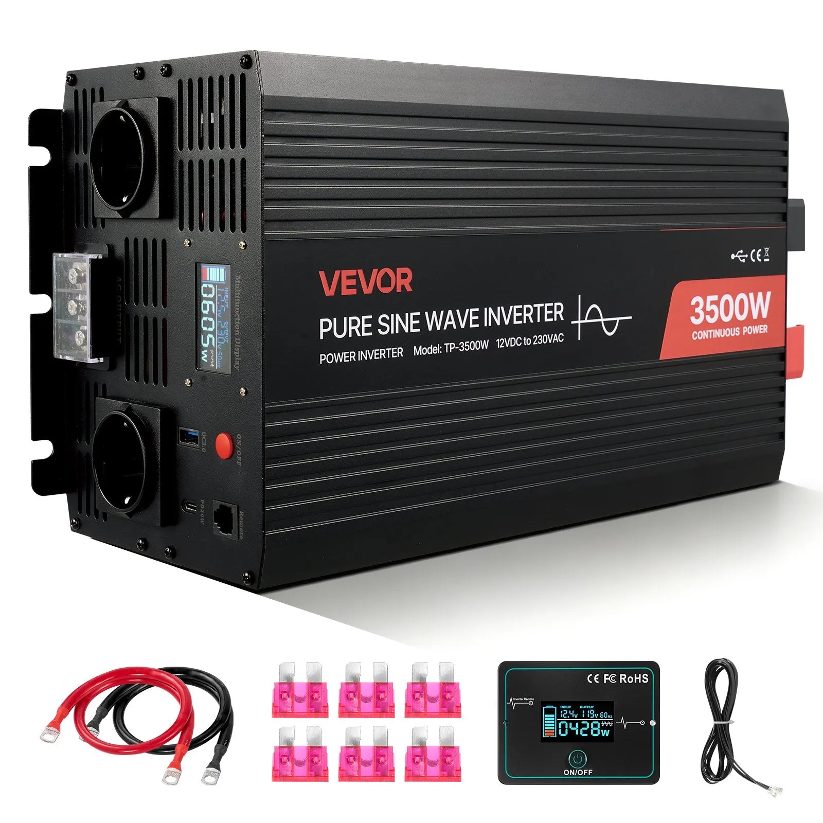 VEVOR 3500 W tīra sinusviļņa invertors 12 V DC uz 230 V AC ar LCD displeju, tālvadības pulti, USB, 2 AC un Type-C pieslēgvietām, piemērots kemperiem, kravas auto un kempingam