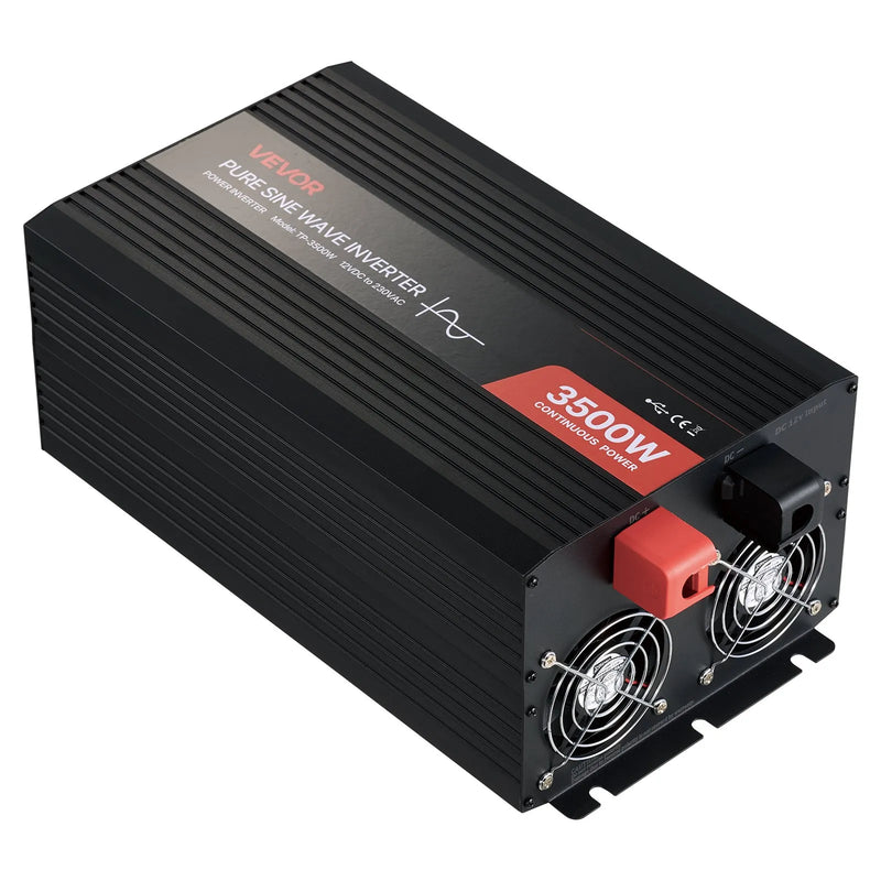VEVOR 3500 W tīra sinusviļņa invertors 12 V DC uz 230 V AC ar LCD displeju, tālvadības pulti, USB, 2 AC un Type-C pieslēgvietām, piemērots kemperiem, kravas auto un kempingam