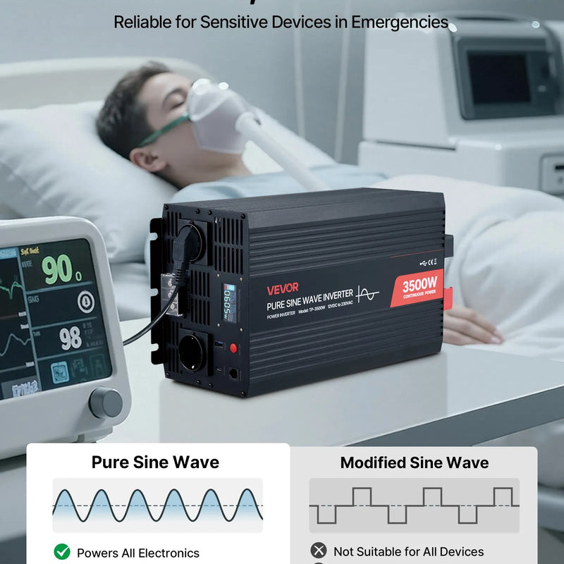 VEVOR 3500 W tīra sinusviļņa invertors 12 V DC uz 230 V AC ar LCD displeju, tālvadības pulti, USB, 2 AC un Type-C pieslēgvietām, piemērots kemperiem, kravas auto un kempingam