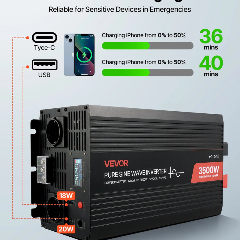 VEVOR 3500 W tīra sinusviļņa invertors 12 V DC uz 230 V AC ar LCD displeju, tālvadības pulti, USB, 2 AC un Type-C pieslēgvietām, piemērots kemperiem, kravas auto un kempingam