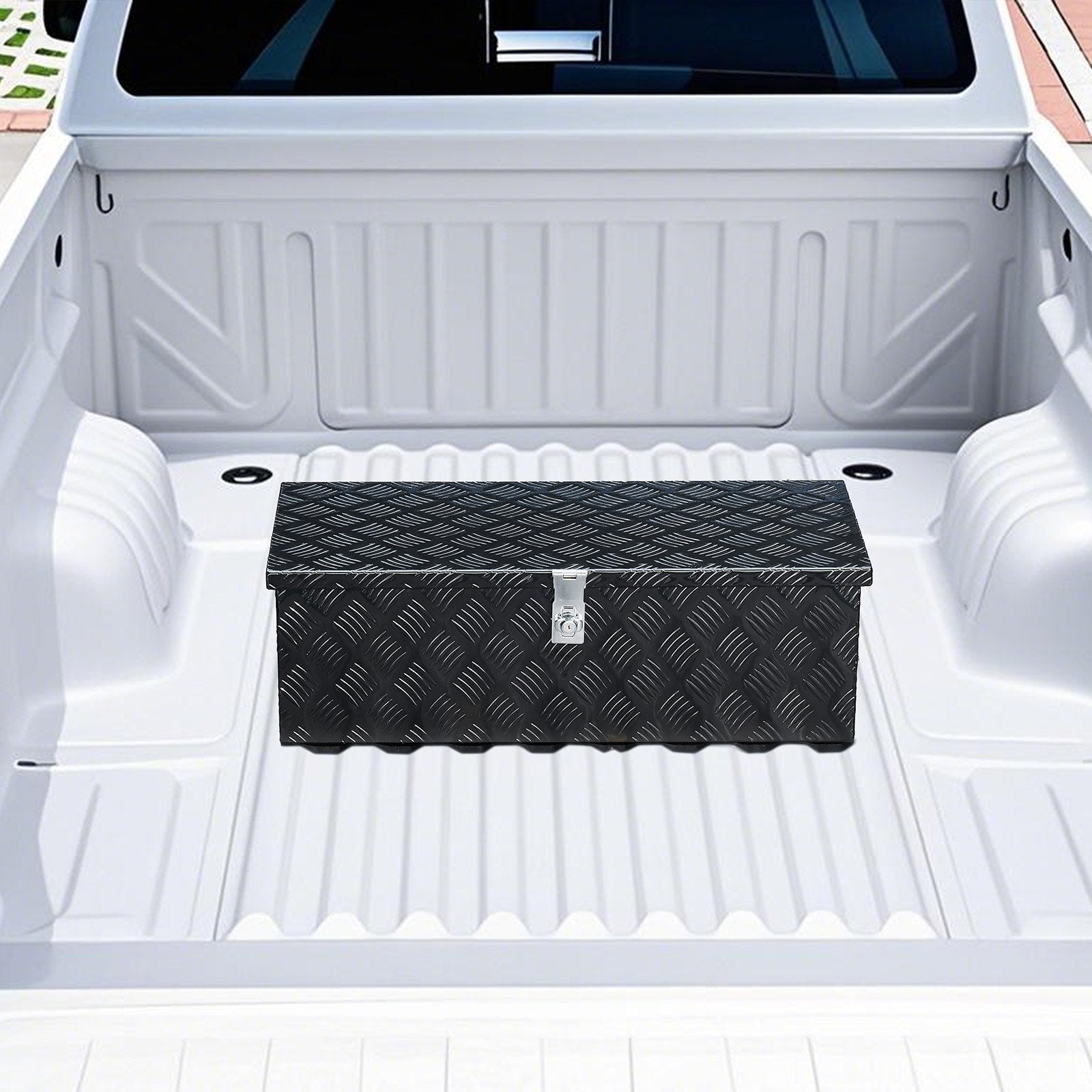VEVOR smagās slodzes alumīnija kravas automašīnas instrumentu kaste, 762×330,2×243,84 mm rievota uzglabāšanas kaste ar sānu rokturi un slēdzeni ar atslēgām, melna, piemērota piekabēm, pikapiem un kemperiem
