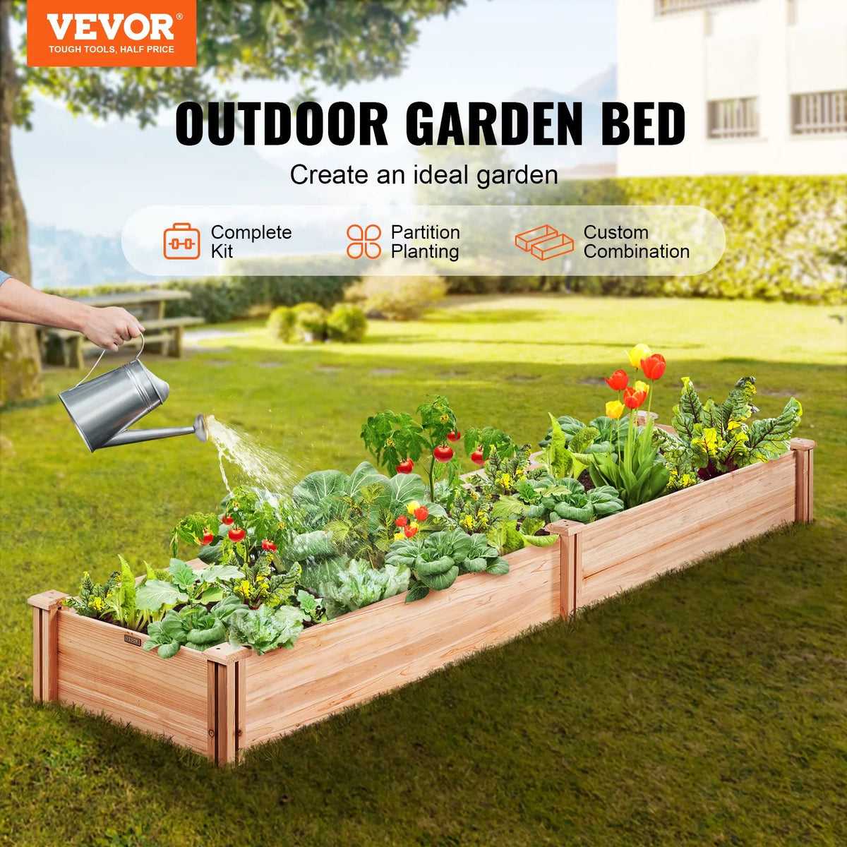 VEVOR paaugstināta dārza dobe 240,8 × 61 × 24,4 cm, koka stādīšanas kaste ar atvērtu pamatni ziedu, dārzeņu un garšaugu audzēšanai dārzā, pagalmā, terasē vai balkonā, burvuda krāsa