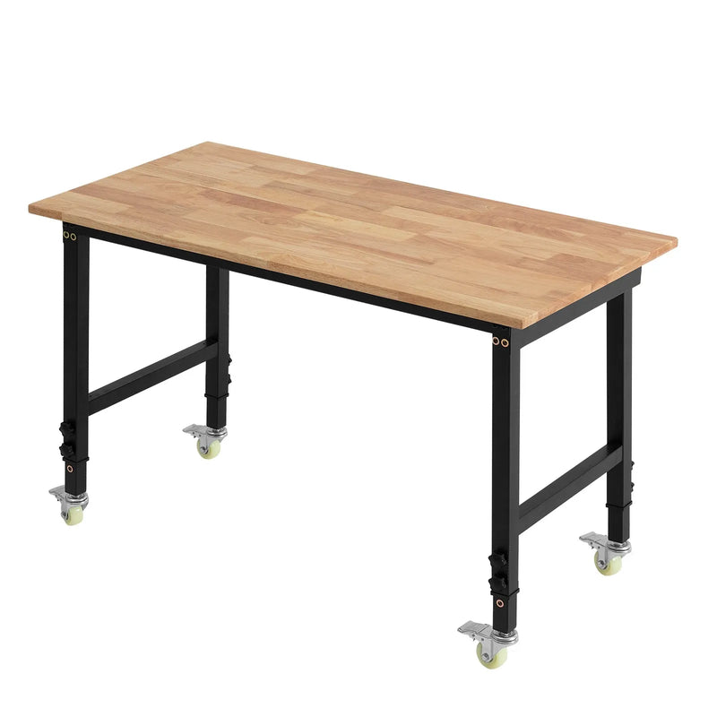 VEVOR regulējams darba galds uz riteņiem, slodze līdz 680 kg, 122 × 60 cm ozolkoka virsma, augstuma regulēšana 72,5–107,5 cm, izturīgs masīvkoka darba galds garāžai, darbnīcai, mājai un birojam