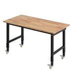 VEVOR regulējams darba galds uz riteņiem, slodze līdz 680 kg, 122 × 60 cm ozolkoka virsma, augstuma regulēšana 72,5–107,5 cm, izturīgs masīvkoka darba galds garāžai, darbnīcai, mājai un birojam