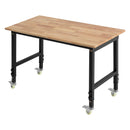 VEVOR regulējams darba galds uz riteņiem, slodze līdz 680 kg, 122 × 60 cm ozolkoka virsma, augstuma regulēšana 72,5–107,5 cm, izturīgs masīvkoka darba galds garāžai, darbnīcai, mājai un birojam