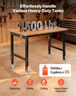 VEVOR regulējams darba galds uz riteņiem, slodze līdz 680 kg, 122 × 60 cm ozolkoka virsma, augstuma regulēšana 72,5–107,5 cm, izturīgs masīvkoka darba galds garāžai, darbnīcai, mājai un birojam