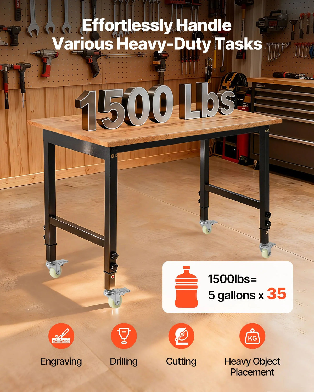 VEVOR regulējams darba galds uz riteņiem, slodze līdz 680 kg, 122 × 60 cm ozolkoka virsma, augstuma regulēšana 72,5–107,5 cm, izturīgs masīvkoka darba galds garāžai, darbnīcai, mājai un birojam