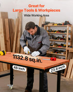 VEVOR regulējams darba galds uz riteņiem, slodze līdz 680 kg, 122 × 60 cm ozolkoka virsma, augstuma regulēšana 72,5–107,5 cm, izturīgs masīvkoka darba galds garāžai, darbnīcai, mājai un birojam