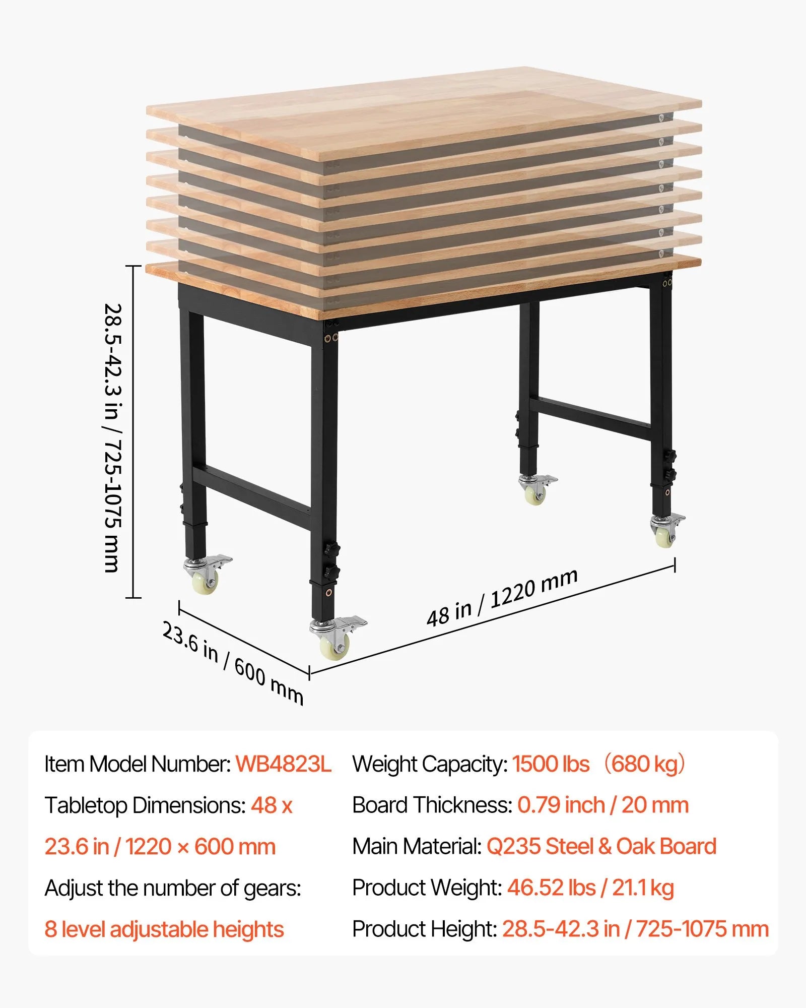 VEVOR regulējams darba galds uz riteņiem, slodze līdz 680 kg, 122 × 60 cm ozolkoka virsma, augstuma regulēšana 72,5–107,5 cm, izturīgs masīvkoka darba galds garāžai, darbnīcai, mājai un birojam