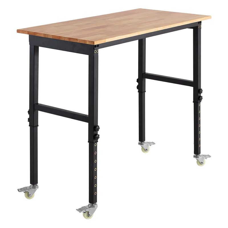 VEVOR regulējams darba galds uz riteņiem, slodze līdz 680 kg, 122 × 60 cm ozolkoka virsma, augstuma regulēšana 72,5–107,5 cm, izturīgs masīvkoka darba galds garāžai, darbnīcai, mājai un birojam