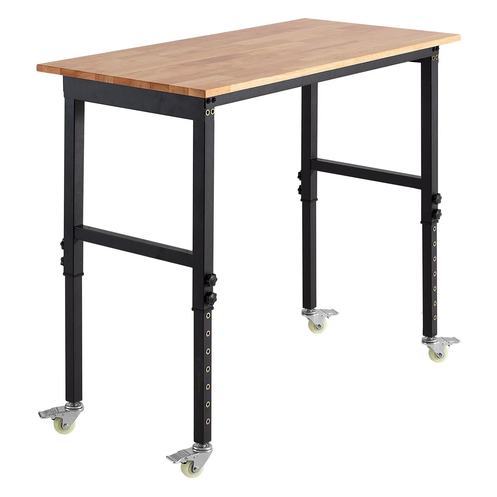 VEVOR regulējams darba galds uz riteņiem, slodze līdz 680 kg, 122 × 60 cm ozolkoka virsma, augstuma regulēšana 72,5–107,5 cm, izturīgs masīvkoka darba galds garāžai, darbnīcai, mājai un birojam