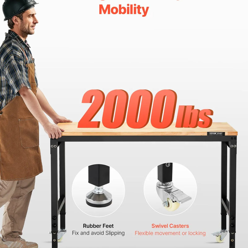 VEVOR 1220 mm töölaud ratastel, reguleeritava kõrgusega, koos toitejuhtme ja tööriistaplaadiga