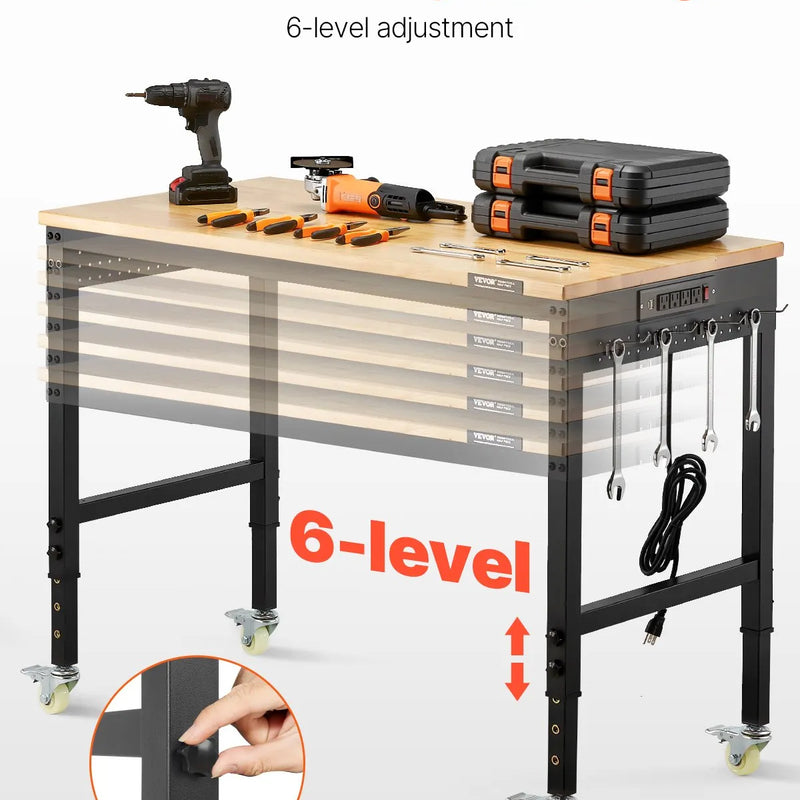VEVOR 1220 mm töölaud ratastel, reguleeritava kõrgusega, koos toitejuhtme ja tööriistaplaadiga