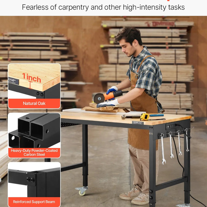 VEVOR 1220 mm töölaud ratastel, reguleeritava kõrgusega, koos toitejuhtme ja tööriistaplaadiga
