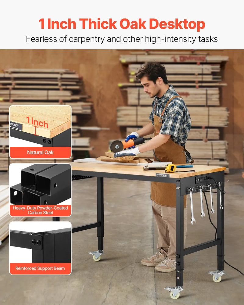 VEVOR 1220 mm töölaud ratastel, reguleeritava kõrgusega, koos toitejuhtme ja tööriistaplaadiga