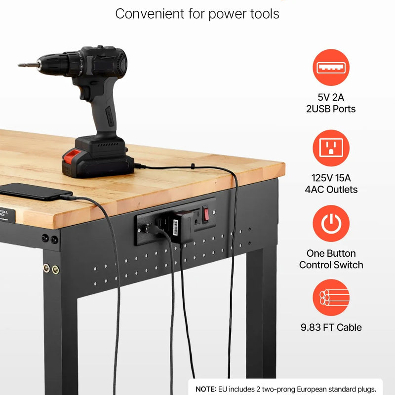 VEVOR 1220 mm töölaud ratastel, reguleeritava kõrgusega, koos toitejuhtme ja tööriistaplaadiga