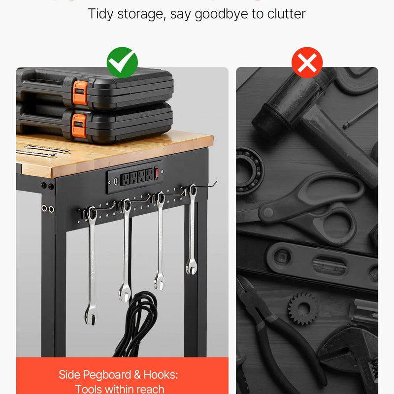 VEVOR 1220 mm töölaud ratastel, reguleeritava kõrgusega, koos toitejuhtme ja tööriistaplaadiga