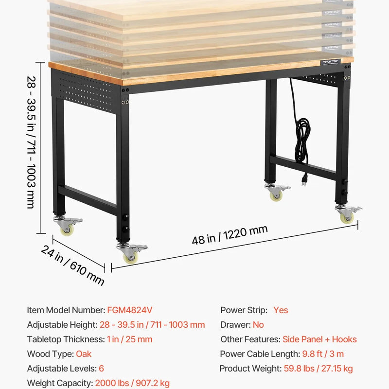 VEVOR 1220 mm töölaud ratastel, reguleeritava kõrgusega, koos toitejuhtme ja tööriistaplaadiga