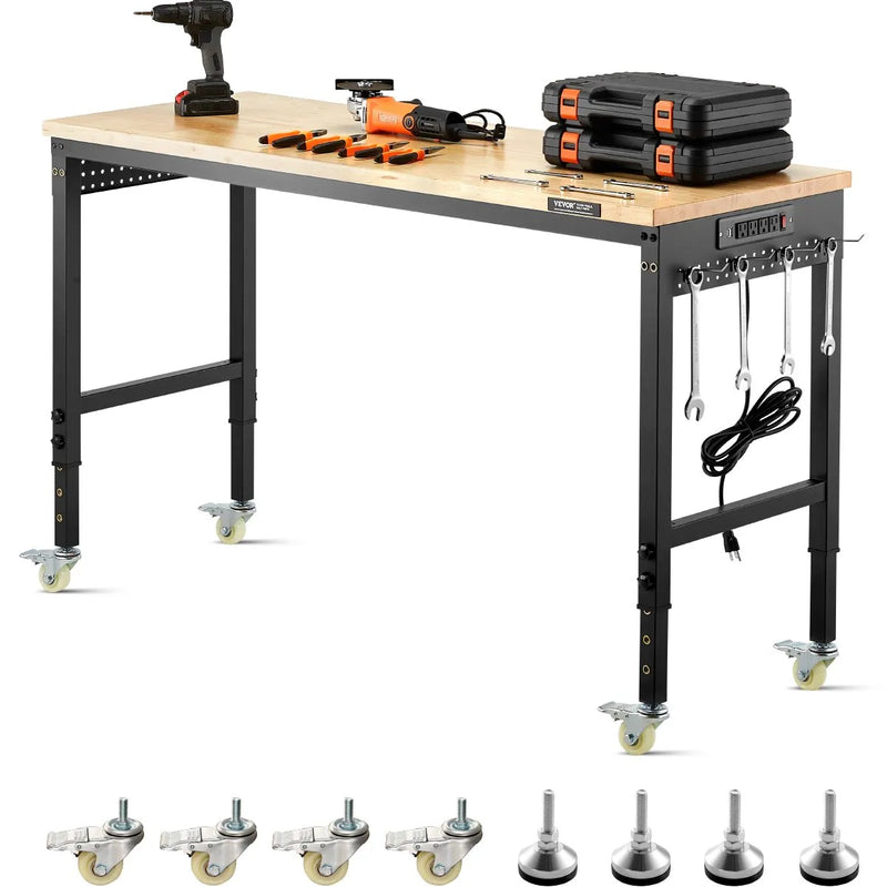 VEVOR 1500 mm darba galds uz riteņiem, regulējams augstums, ar elektroizvadi un instrumentu dēli