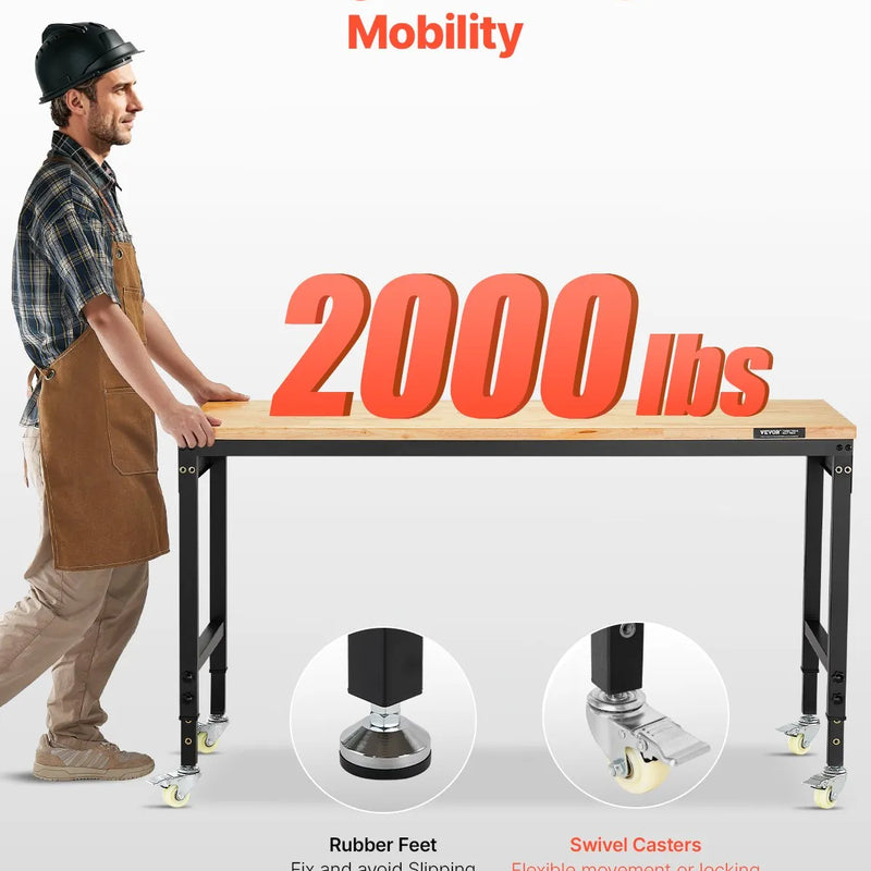 VEVOR 1500 mm darba galds uz riteņiem, regulējams augstums, ar elektroizvadi un instrumentu dēli