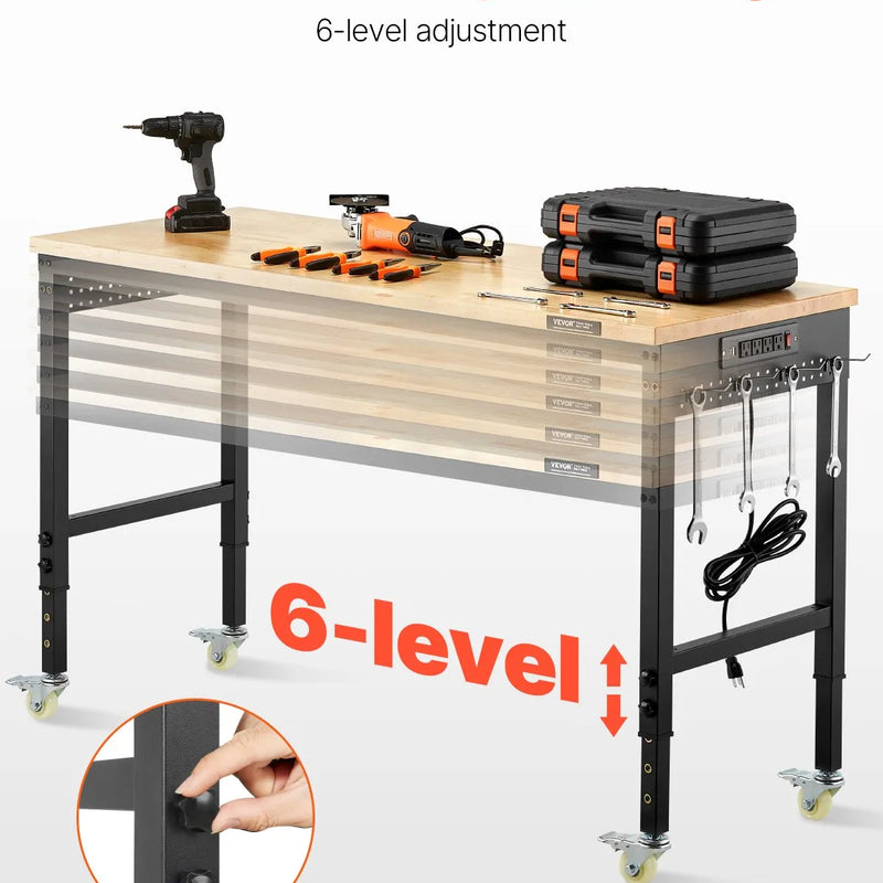 VEVOR 1500 mm darba galds uz riteņiem, regulējams augstums, ar elektroizvadi un instrumentu dēli