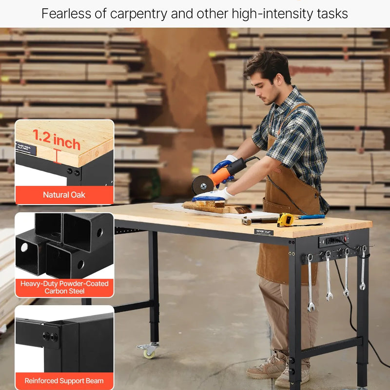 VEVOR 1500 mm darba galds uz riteņiem, regulējams augstums, ar elektroizvadi un instrumentu dēli